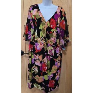 Floral multi color  Print V-Neck mock wrap Dress By London Times Woman 18W